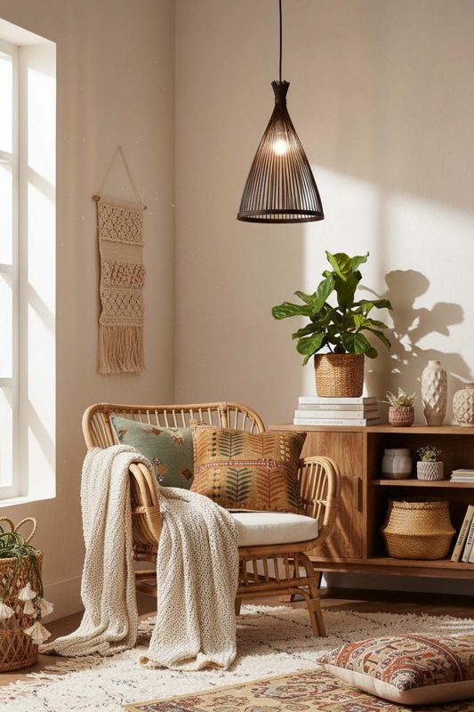 Boho Black Bamboo Tapered Pendant Light - Warm & Textured