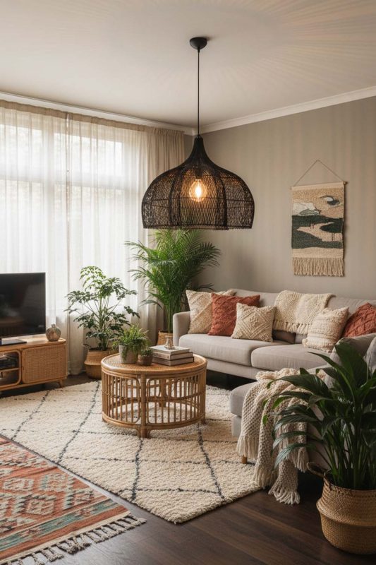 Boho Black Bloom Rattan Pendant Light - Relaxed & Stylish