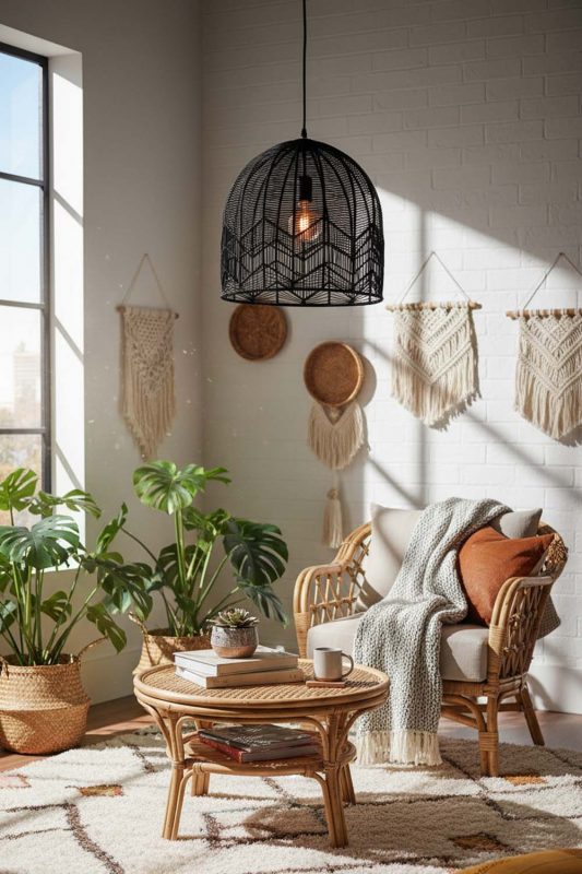 Boho Black Rattan Birdcage Pendant Light - Artistic & Unique