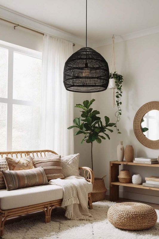 Boho Black Rattan Cage Pendant Light - Free-spirited & Cozy