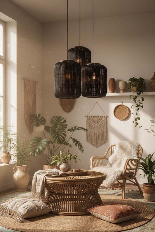 Boho Black Rattan Capsule Pendant Light - Vibrant & Creative