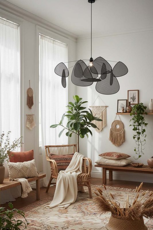 Boho Black Rattan Petal Ceiling Light - Warm & Textured