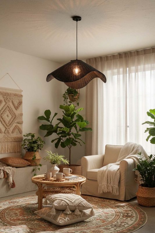 Boho Black Rattan Wave Pendant Light - Warm & Textured