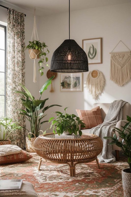 Boho Black Rattan Wide Dome Fixture - Artistic & Unique