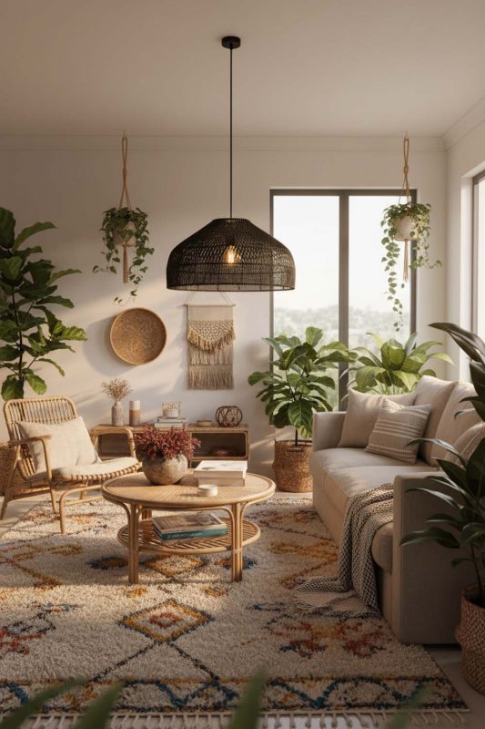 Boho Black Rattan Wide Dome Pendant Light - Artistic & Unique
