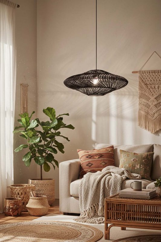 Boho Black Ufo Shades Rattan Lamp - Warm & Textured