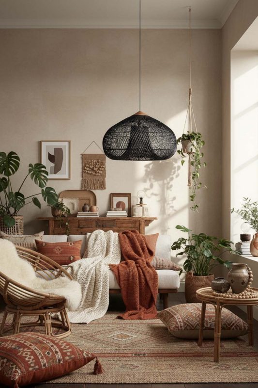 Boho Black Vintage Wood Rattan Pendant Light - Warm & Textured