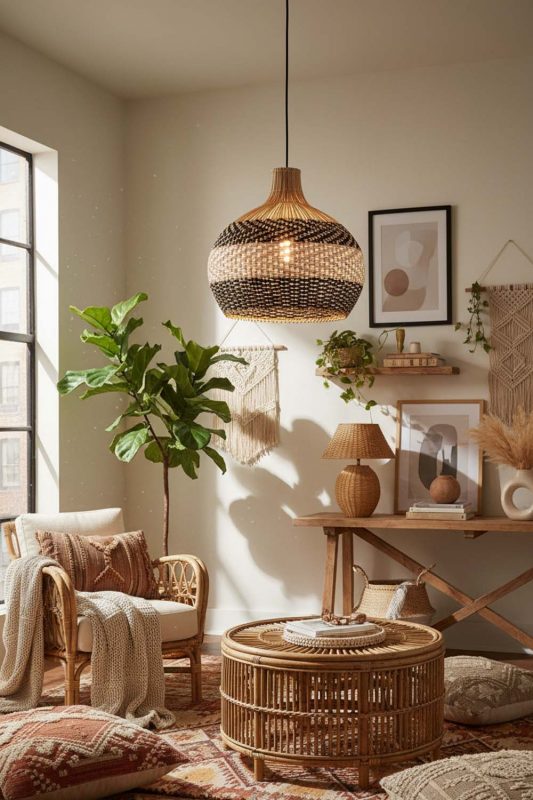 Boho Black White Rattan Pendant Light - Relaxed & Stylish
