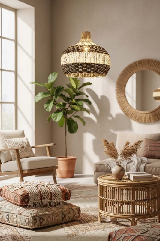 Boho Black White Round Rattan Pendant - Free-spirited & Cozy