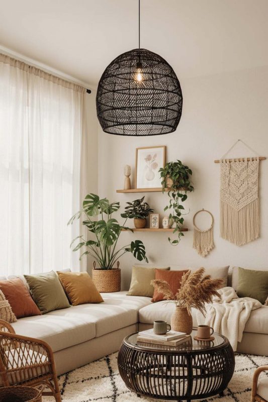 Boho Black Wicker Basket Pendant Light - Artistic & Unique