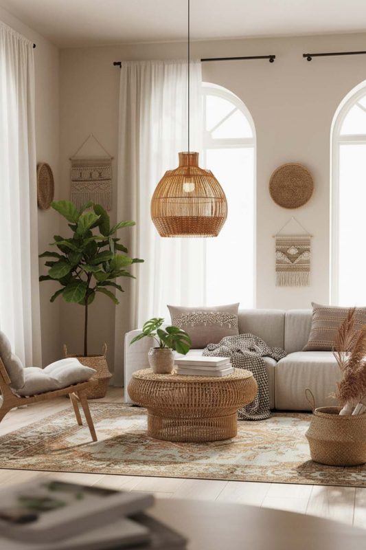 Boho Bottom Brown Rattan Pendant - Vibrant & Creative