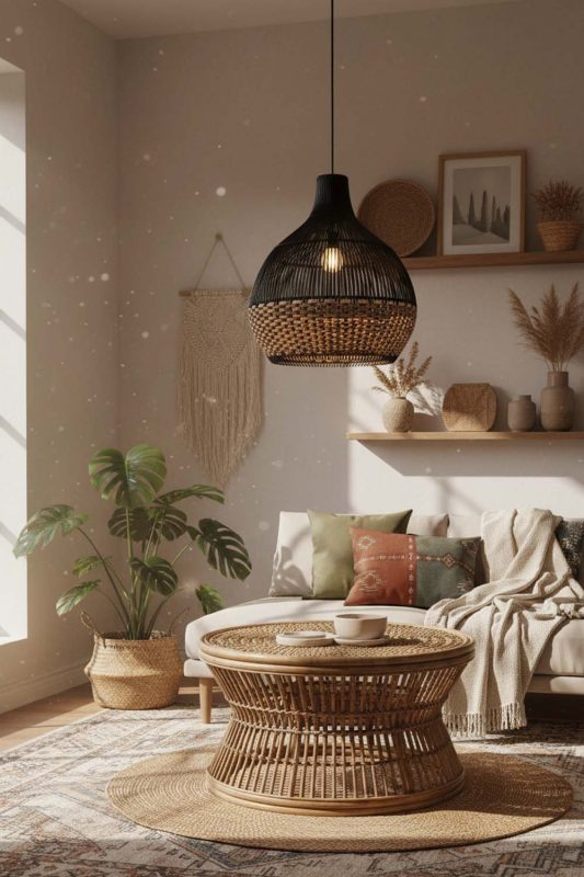 Boho Bottom Tan Brown Rattan Light Black Body - Warm & Textured