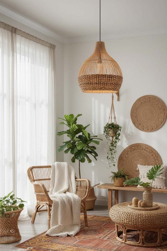 Boho Bottom Tan Brown Rattan Pendant Light - Artistic & Unique