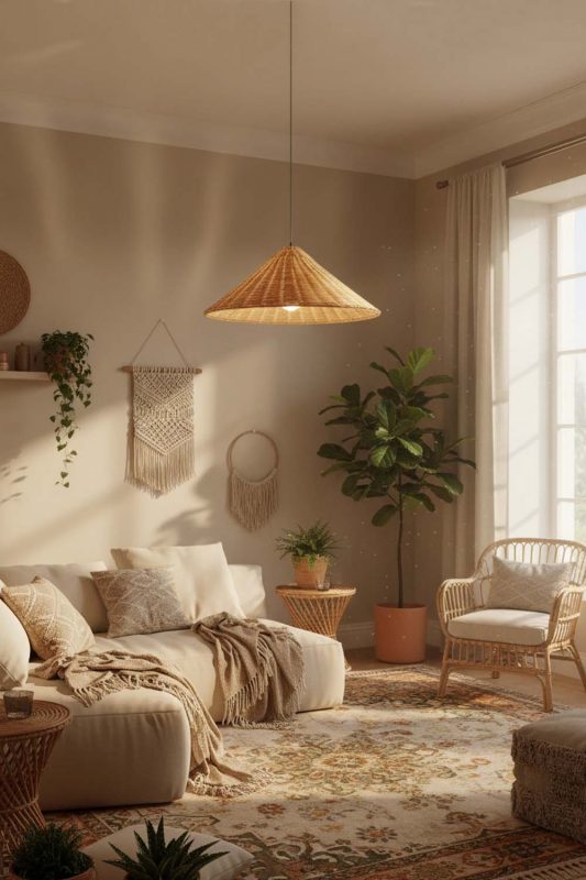 Boho Brown Rattan Cone Pendant Light - Vibrant & Creative