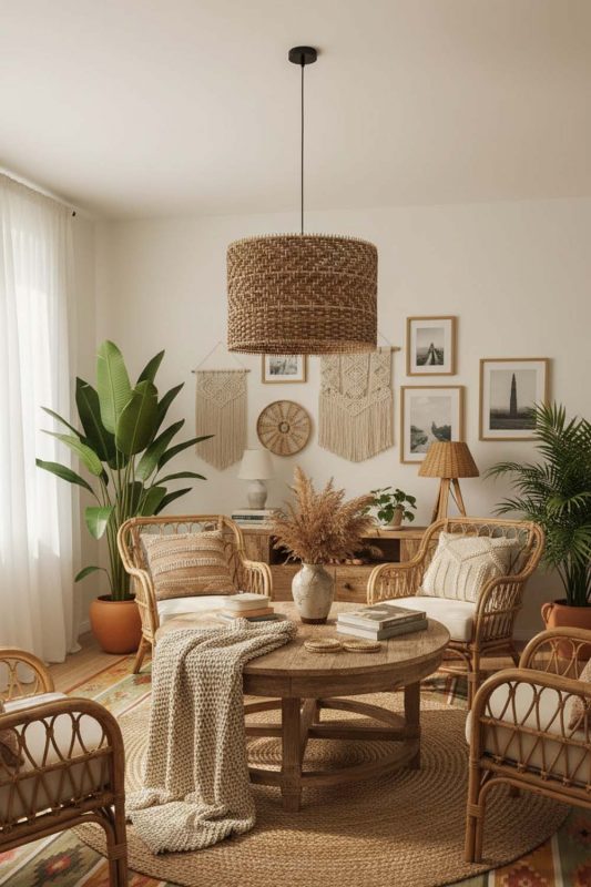 Boho Brown Rattan Drum Lamp Shade - Warm & Textured