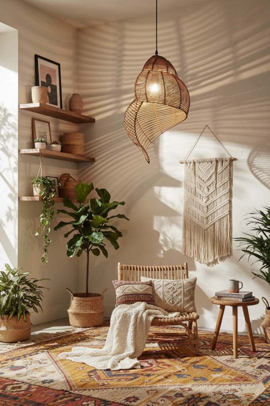 Boho Brown Rattan Spiral Pendant Light - Vibrant & Creative