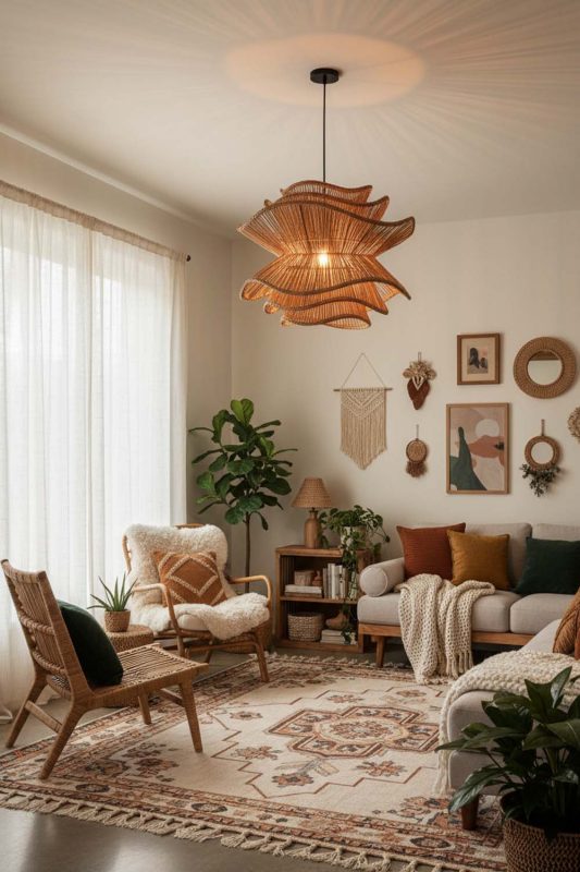 Boho Brown Vietnamese Flower Rattan Chandelier - Relaxed & Stylish