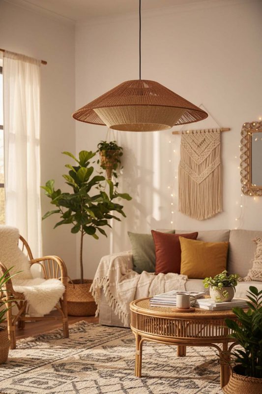 Boho Cone Hemp Rope Pendant Lamp - Warm & Textured