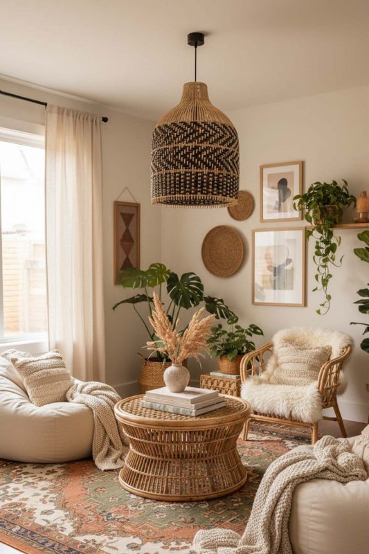 Boho Dark Brown Rattan Bell Pendant Light - Artistic & Unique