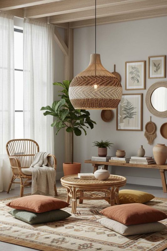 Boho Light Brown White Rattan Pendant Light - Artistic & Unique