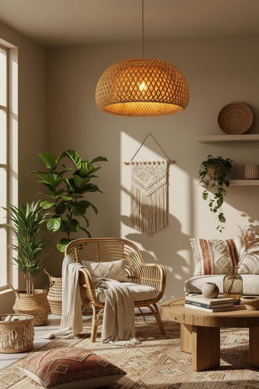 Boho Natural Bamboo Basket Light Shade - Warm & Textured