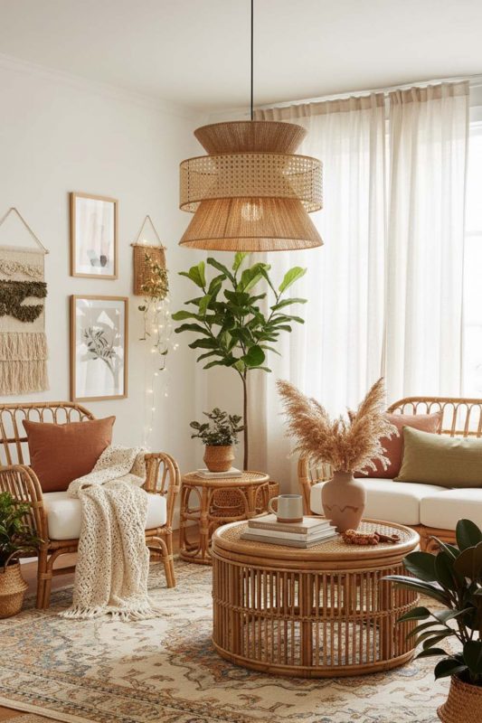 Boho Natural Bamboo Silk Pendant Light - Warm & Textured