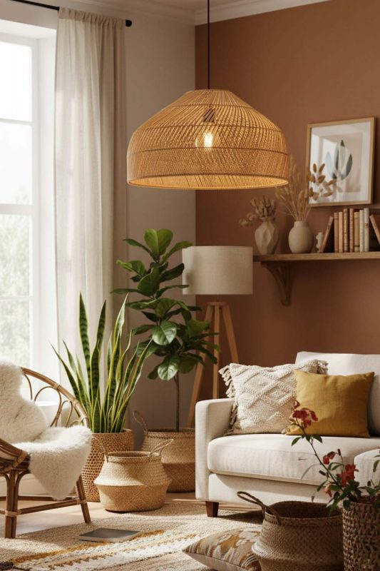 Boho Natural Rattan Wide Dome Pendant Light - Warm & Textured