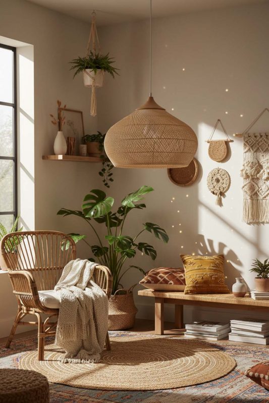 Boho Natural Vintage Wood Rattan Pendant Light - Artistic & Unique