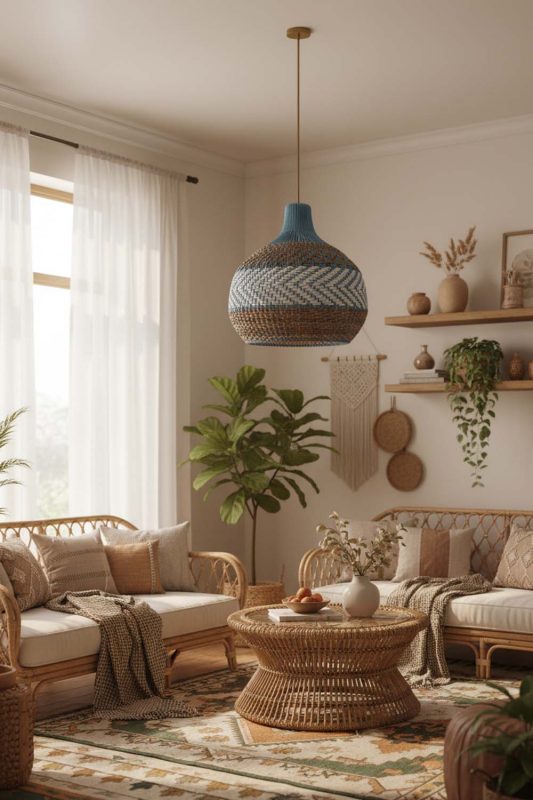 Boho Tan Brown White Rattan Pendant Light - Free-spirited & Cozy