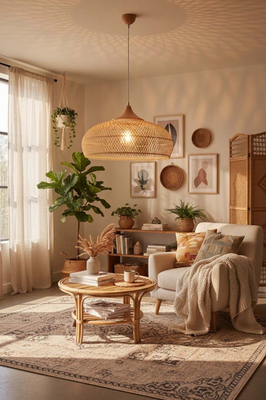 Boho Vintage Wood Rattan Pendant Light C - Vibrant & Creative