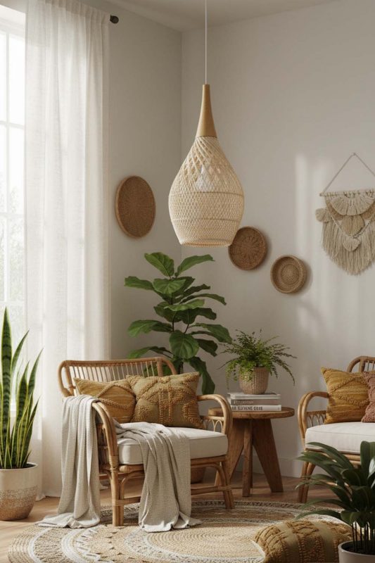 Boho Vintage Wood Rattan Pendant Light D - Free-spirited & Cozy