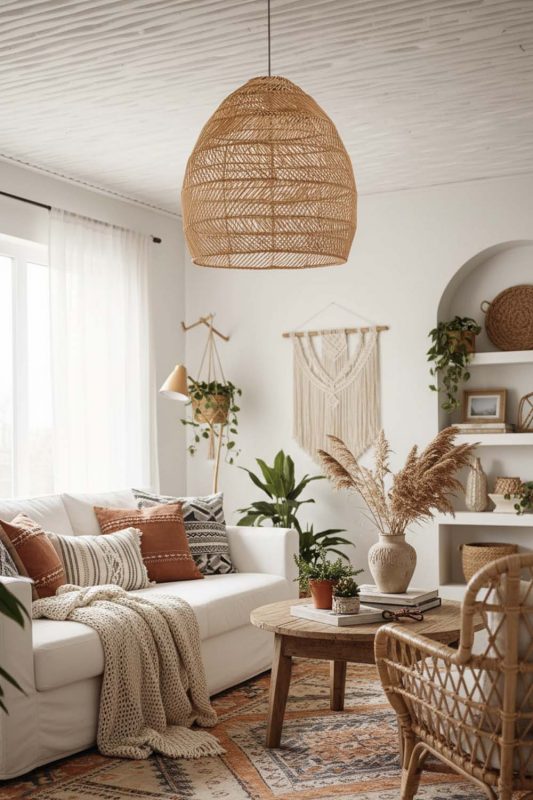 Boho Wicker Basket Pendant Light Beige Color - Warm & Textured