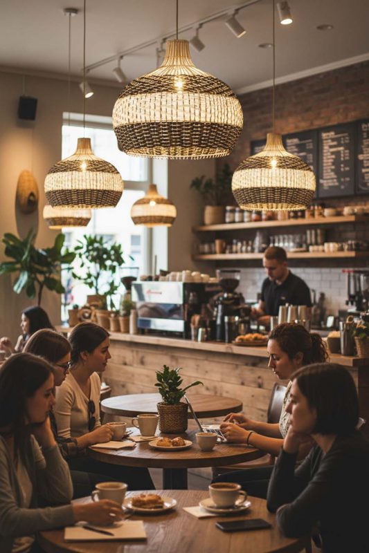 Cafe Black White Round Rattan Pendant - Cozy Coffee Vibes