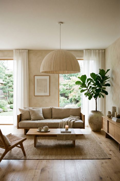Cotton Dome Pendant Light Japandi Living Room – Neutral Tones & Natural Materials