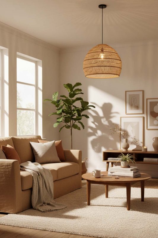Cozy Beige Rattan Cage Pendant Light - Peaceful Living
