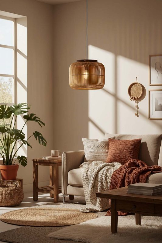Cozy Beige Rattan Capsule Pendant Light - Soft & Relaxing