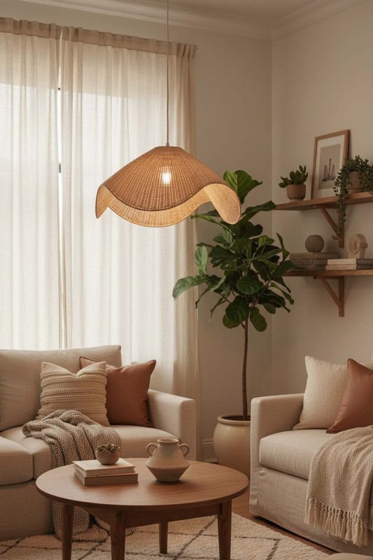 Cozy Beige Rattan Wave Pendant Light - Hygge Vibes