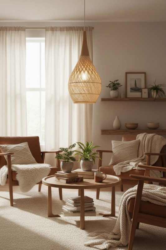Cozy Vintage Wood Rattan Pendant Light D - Warm & Inviting