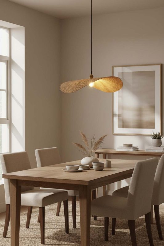 Dining Room Flat Rattan Pendant Light - Elegant Dining Ambience
