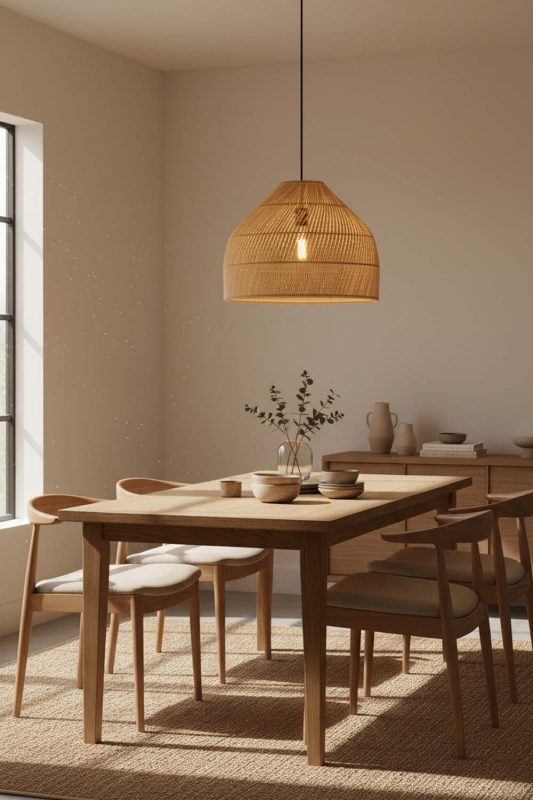 Dining Room Natural Rattan Wide Dome Fixture - Warm & Welcoming