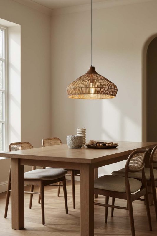 Dining Room Open Rattan Pendant Light - Elegant Dining Ambience