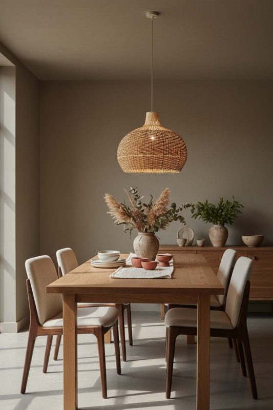 Dining Room Red Orange Rattan Pendant Light - Cozy Dinner Vibes