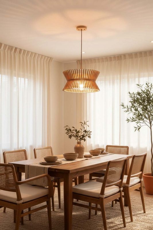 Dining Room Round Wood Slat Pendant Light - Intimate & Stylish
