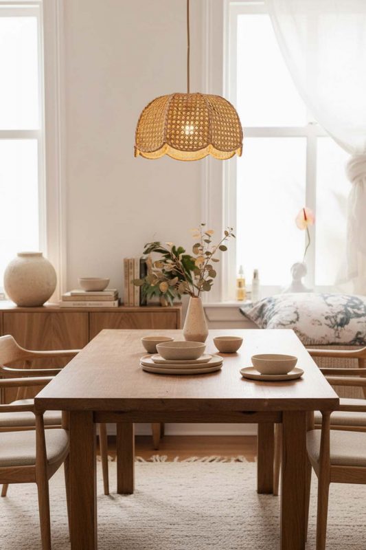 Dining Room Scalloped Wicker Lampshade - Elegant Dining Ambience