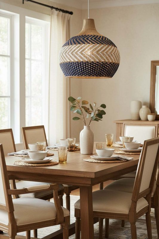 Dining Room White Blue Rattan Pendant Light - Perfect Gathering Space