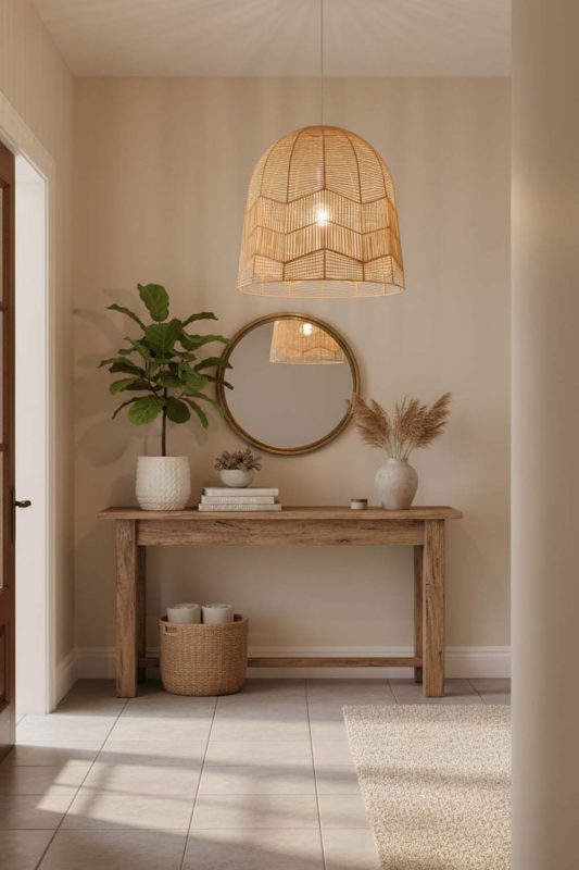Entryway Beige Rattan Birdcage Pendant Light - Stylish & Inviting