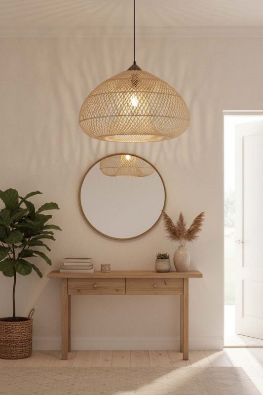 Entryway Beige Wood Rattan Pendant Light B - Stylish & Inviting