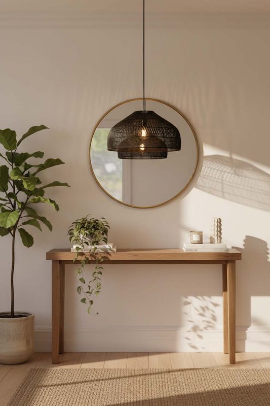 Entryway Black Rattan Wide Dome Pendant Light - Bright & Open Feel