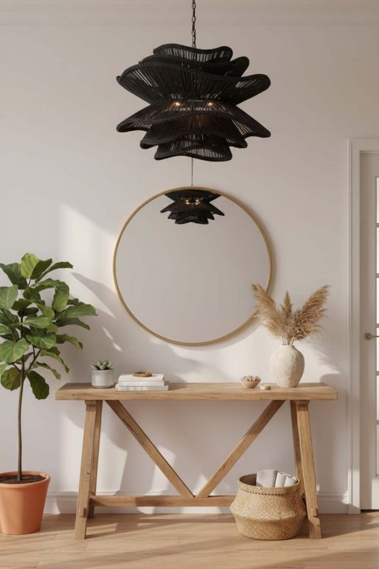 Entryway Black Vietnamese Flower Rattan Chandelier - Bright & Open Feel