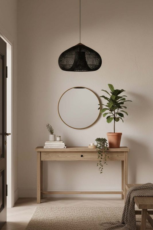 Entryway Black Vintage Wood Rattan Pendant Light - Welcoming First Impression